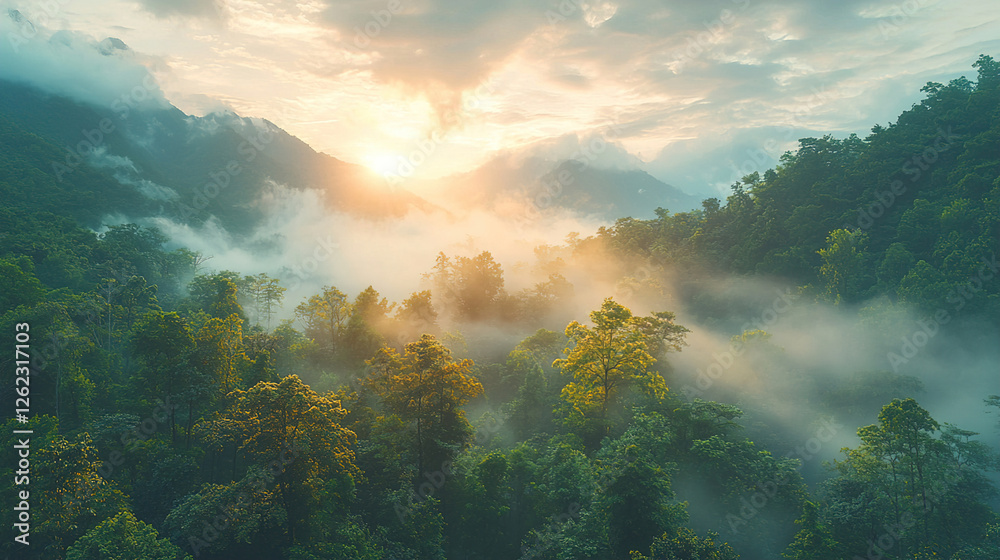 Misty sunrise over lush green mountains and dense forest in the early morning light. Generative AI Misty sunrise over lush green mountains and dense forest in the early morning light. Generative AI