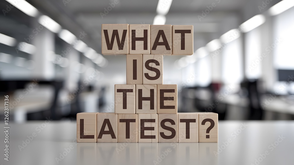 Wooden blocks with words 'What is the latest?'.
Wooden blocks with words 'What is the latest?'.