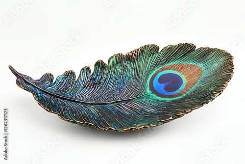 Un elegante plato con forma de pluma de pavo real,destacando por sus vibrantes colores y detalles artísticos.