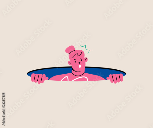 Prying concept. Woman hiding in the hole. Colorful vector illustration