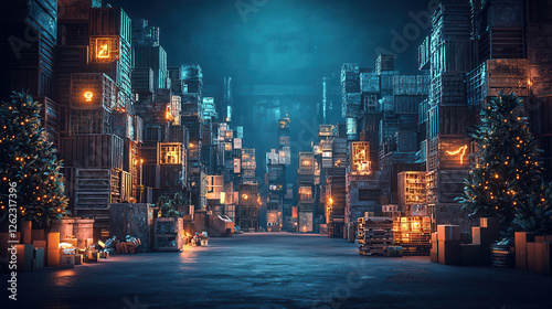 massive scrapyard filled with stacked crates and glowing lights creates mysterious atmosphere