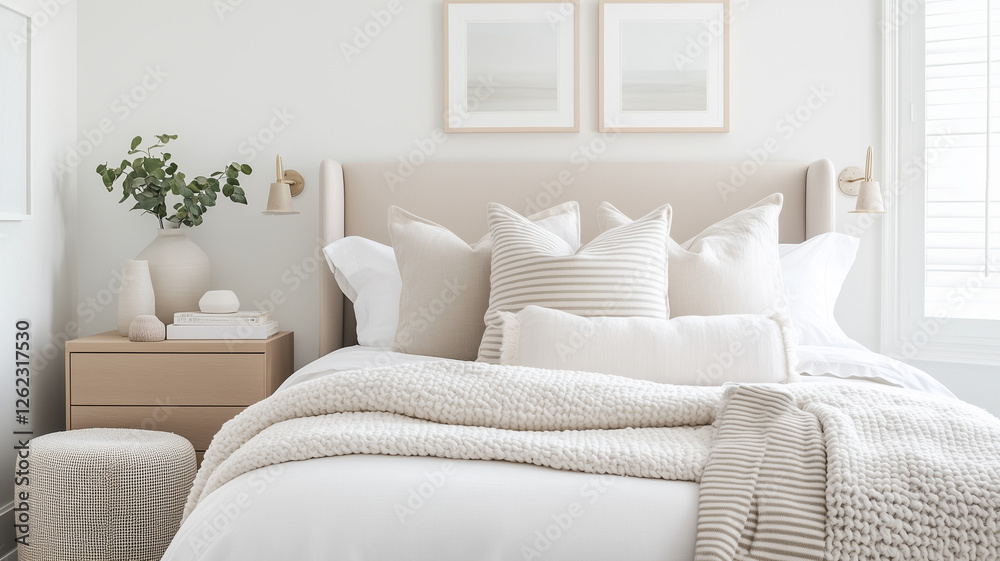 serene bedroom featuring neutral color palette, plush bedding, and minimalist decor. soft textures and natural elements create calming atmosphere, perfect for relaxation serene bedroom featuring neutral color palette, plush bedding, and minimalist decor. soft textures and natural elements create calming atmosphere, perfect for relaxation
