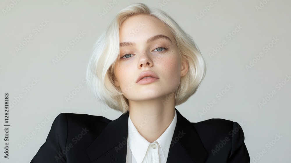 Portrait of a confident young woman with short blonde hair in a stylish black blazer against a plain background Portrait of a confident young woman with short blonde hair in a stylish black blazer against a plain background