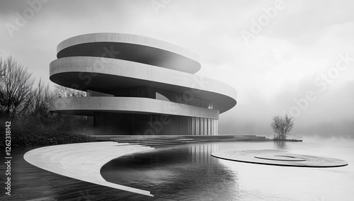 Modern concrete building overlooking tranquil misty lake photo