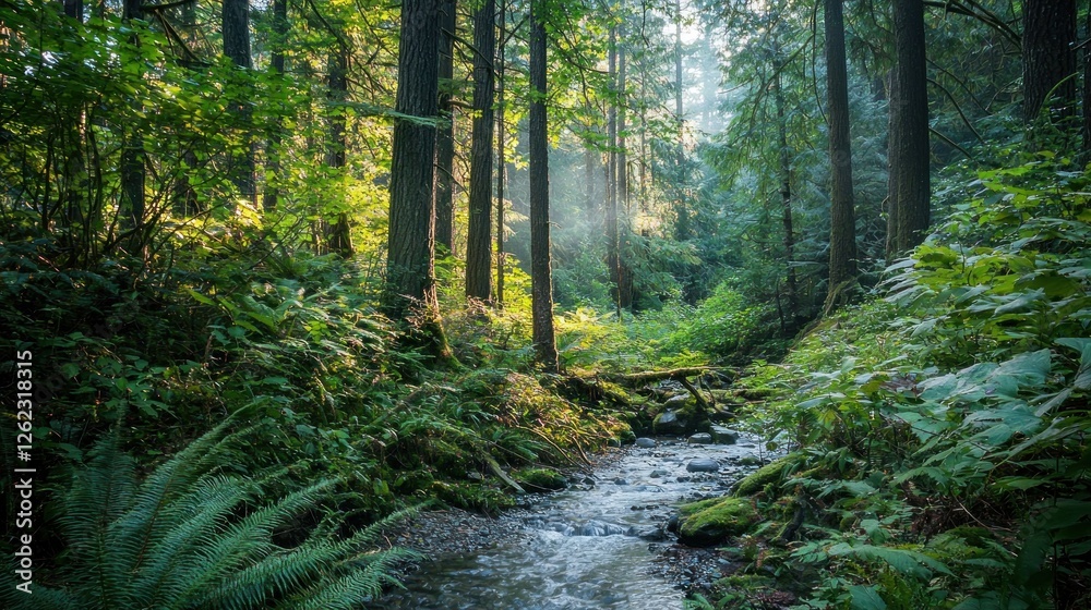 Fototapeta premium Sunlit Stream in Lush Evergreen Forest