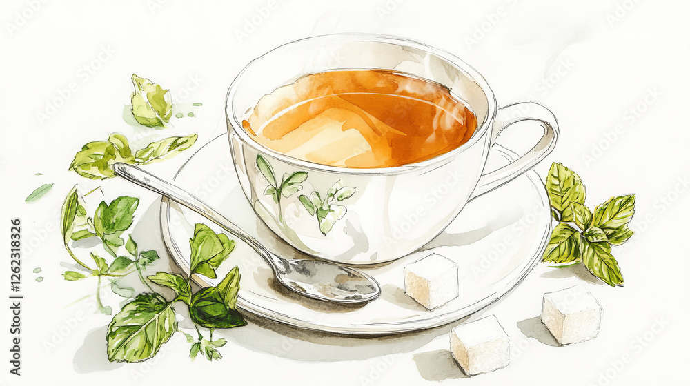 Cup of hot steaming tea with saucer, sugar cubes and fresh mint leaves isolated on white background, sketch style Cup of hot steaming tea with saucer, sugar cubes and fresh mint leaves isolated on white background, sketch style
