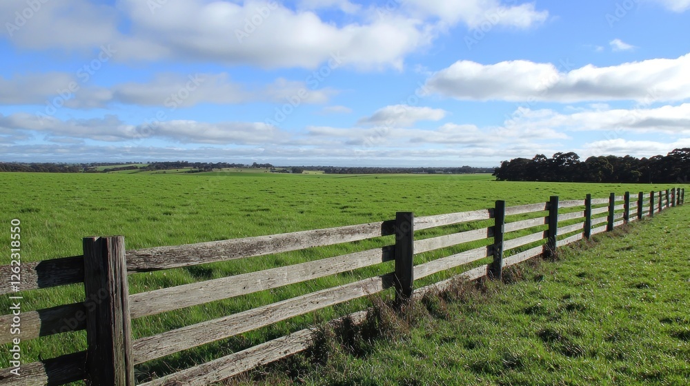 Rustic wooden fence across a vast green field under a partly cloudy sky. Possible use agricultural, rural, landscape photography Rustic wooden fence across a vast green field under a partly cloudy sky. Possible use agricultural, rural, landscape photography