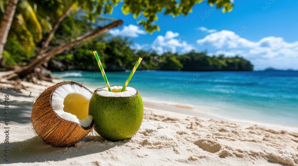 Refreshing Tropical Drinks in Upscale Coconut Shells Against a Beautiful Beach Backdrop with Clear Waters and Scenic Landscape Refreshing Tropical Drinks in Upscale Coconut Shells Against a Beautiful Beach Backdrop with Clear Waters and Scenic Landscape