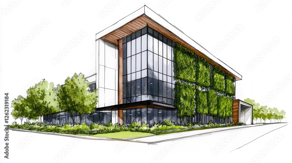 Modern Green Building Architectural Rendering With Wood Accents Modern Green Building Architectural Rendering With Wood Accents