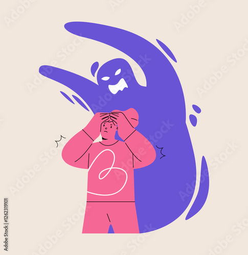 Mental health issues, psychology concept. Woman having a panic attack, an imaginary monster shadow silhouette. Colorful vector illustration