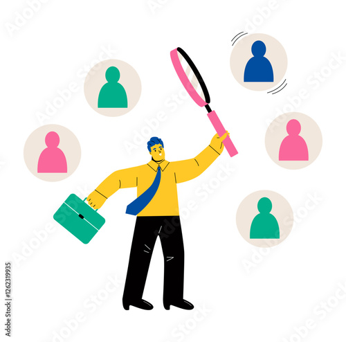 Business man with magnifying glass look at job candidates. Search for employees. Flat vector illustration isolated on white background