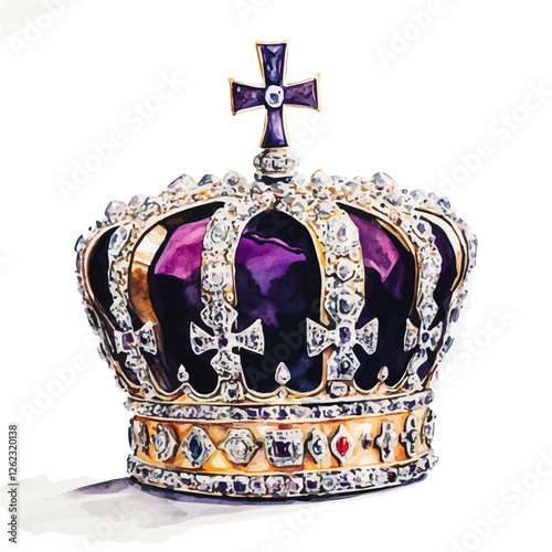 The painting highlights the stunning array of jewels that adorn the crown.
