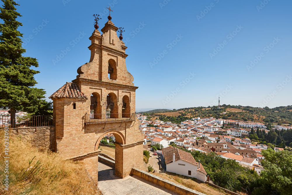 Picturesque andalusaian village of Aracena. Bell tower castle entrance. Spain