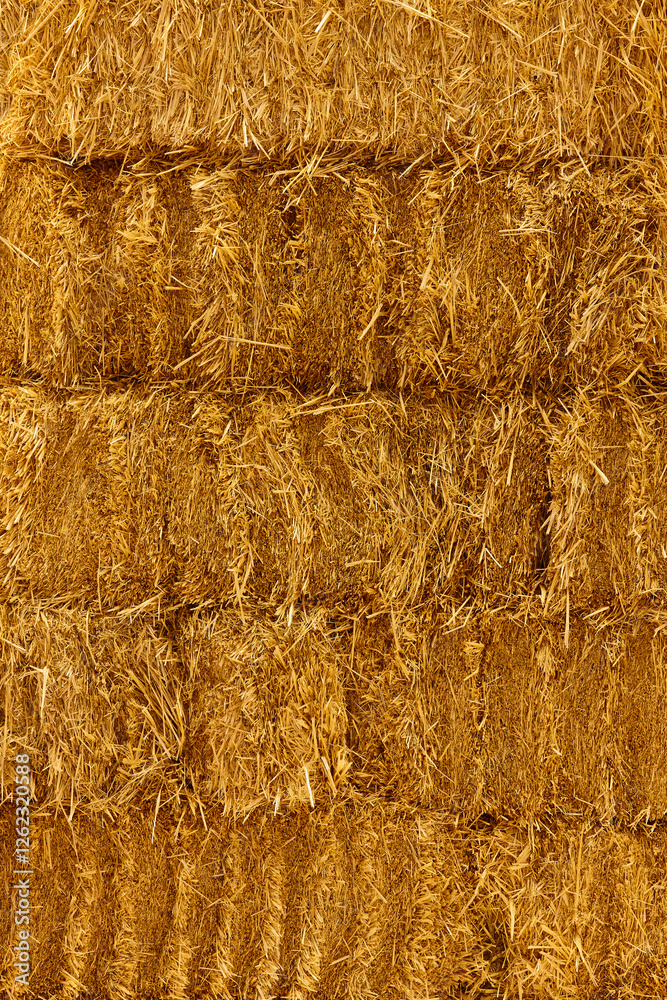 Baled straw detail. Harvest. Animal food. Agricultural background. Vertical