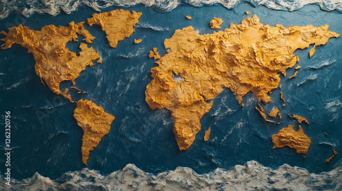 A map of the world, with an ocean between continents and land, is depicted on blue paper
