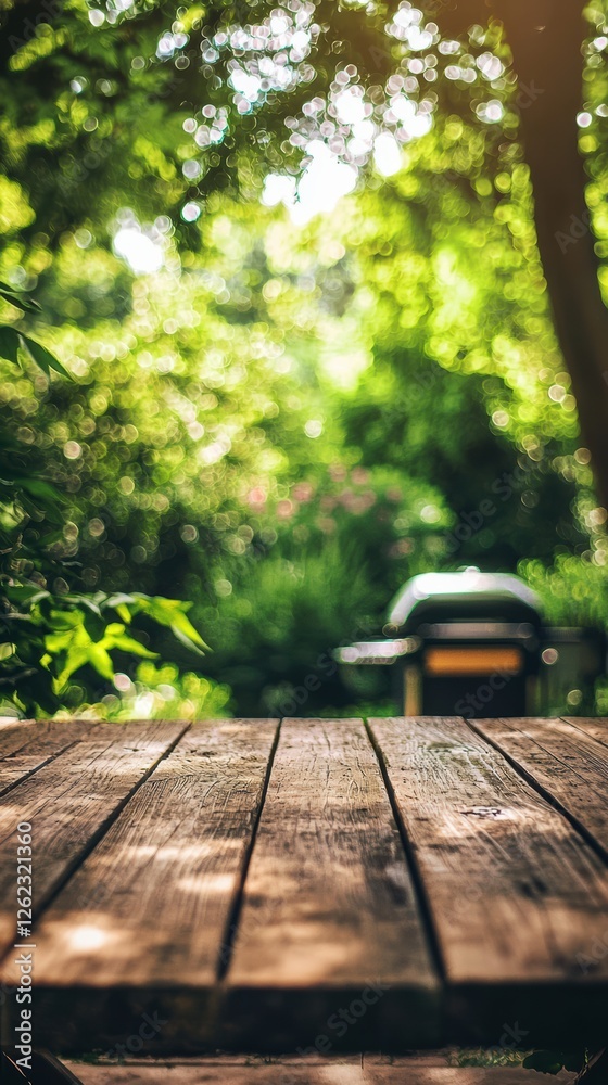 Sunlit picnic table views over lush garden bliss Sunlit picnic table views over lush garden bliss