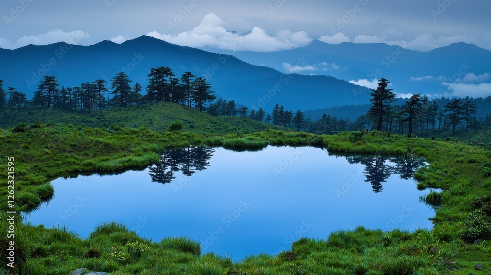 Serene mountain lake reflecting misty peaks at dawn Serene mountain lake reflecting misty peaks at dawn