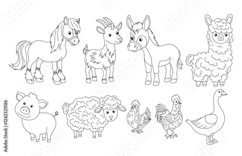 Line art illustrations of farm animals. Set cartoon domestic pets. Black and white cow, pig, horse, sheep, chicken, goose. Coloring page.