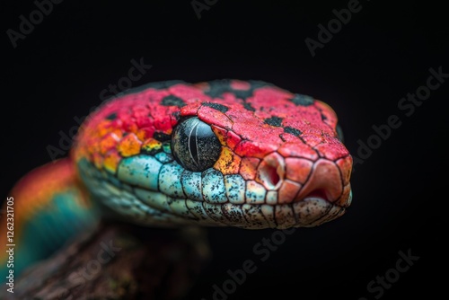 A blend of fluorescent colors is used to create an artistic representation of a python's face, generating a hypnotic, abstract aesthetic