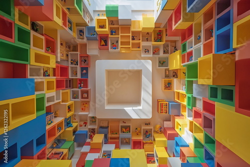 Colorful children's library featuring vibrant shelves and playful decor in a modern architectural space photo