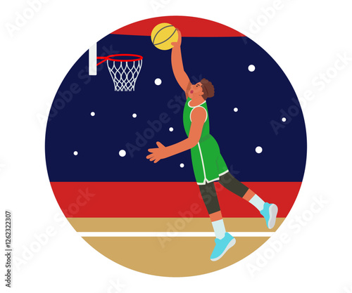 Dunking basketball player.