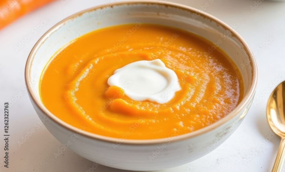 Creamy carrot soup in a white bowl Creamy carrot soup in a white bowl