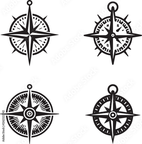 "Vintage Compass Silhouette Collection - Nautical Navigation Icons"