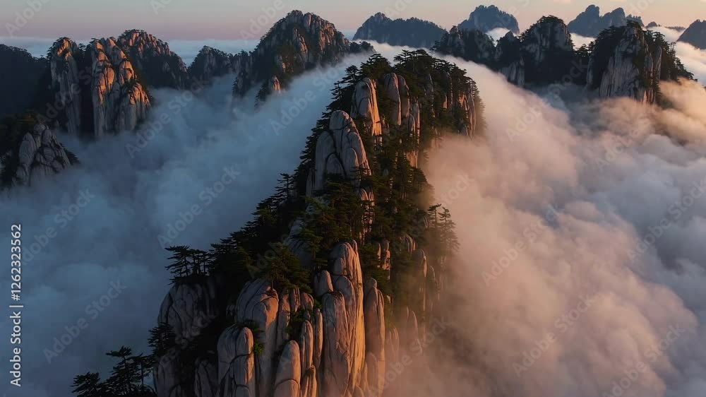 A breathtaking aerial view of granite peaks piercing through a sea of clouds during sunrise, showcasing the majesty of nature.