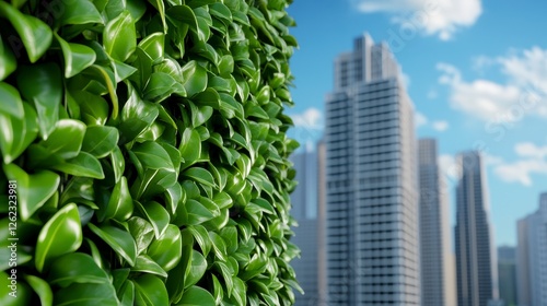 Green Hedge Against City Skyline