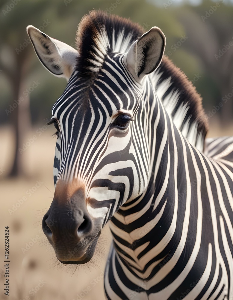 Naklejka premium Close Up of Male Zebra with Striking Black and White Stripes and Calm Expression