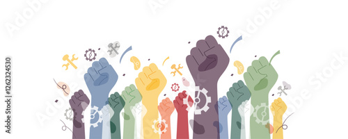 Hands raised up into fists. Labor Day concept.