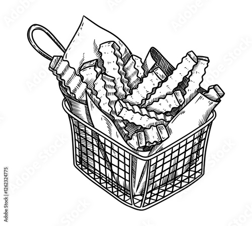 Fries in the basket food illustration in the graphic line art style. Hand drawn vector outline element of fast food meal. Perfect for menu creating and sketch drawing designs.