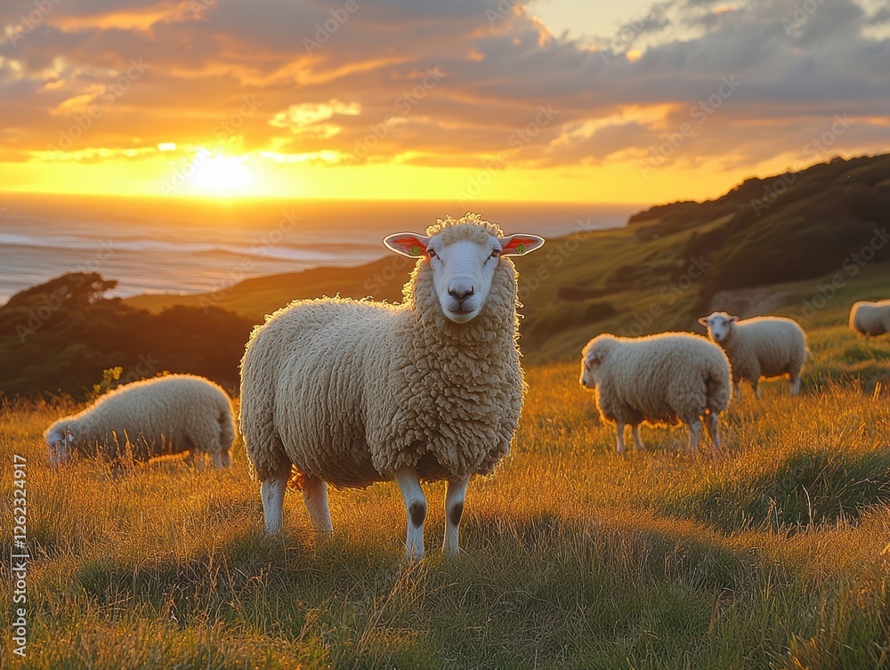Fototapeta premium Serene Hillside with Grazing Sheep at Sunset