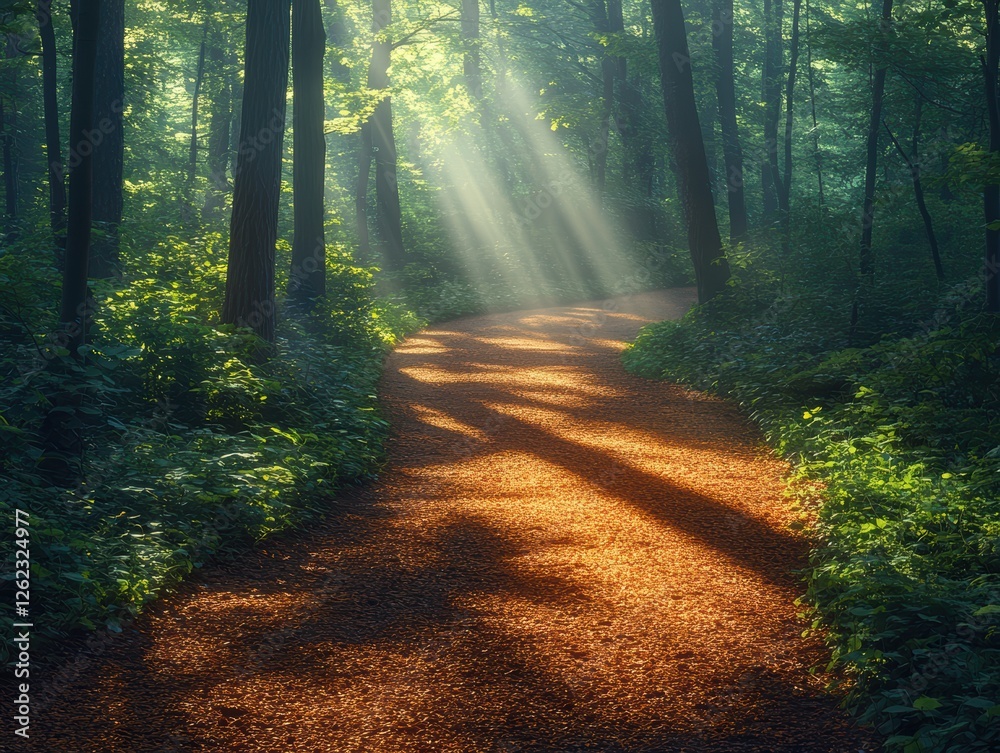 Obraz premium Sunlit Pathway Through a Lush Forest