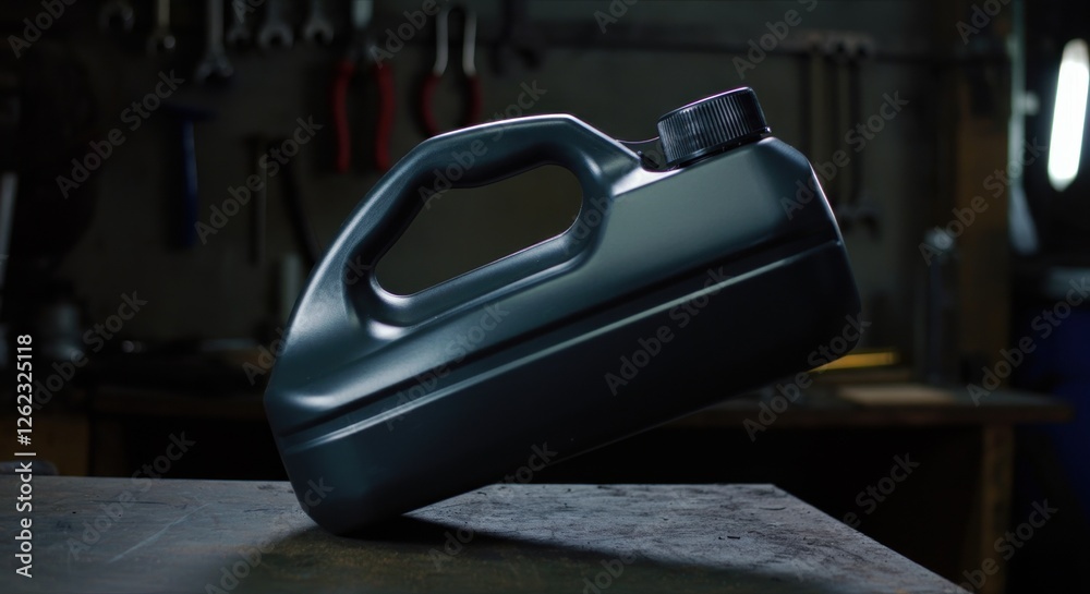 Dark plastic oil container in garage workshop Dark plastic oil container in garage workshop