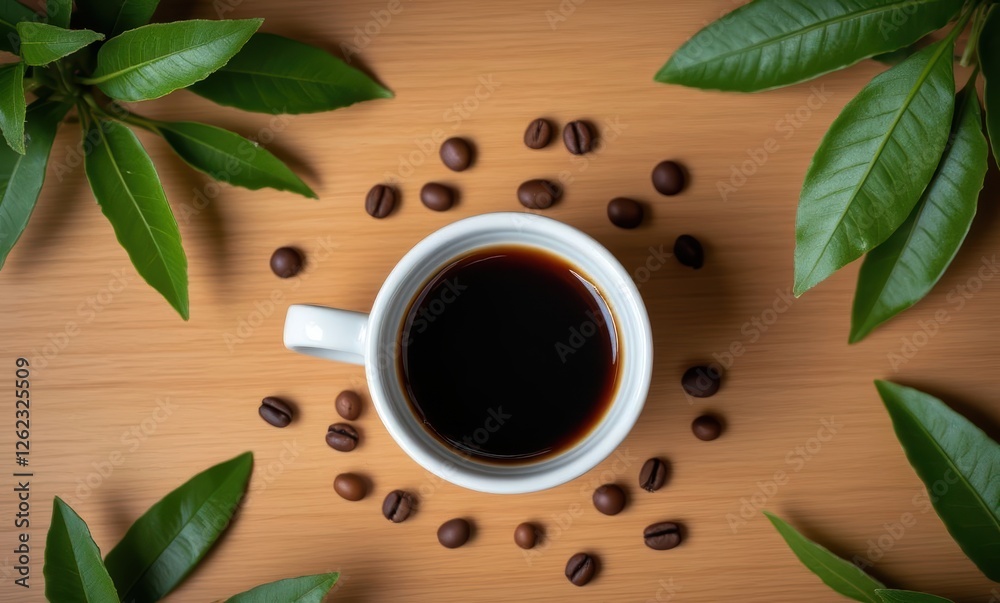 A cozy coffee setup with green leaves A cozy coffee setup with green leaves