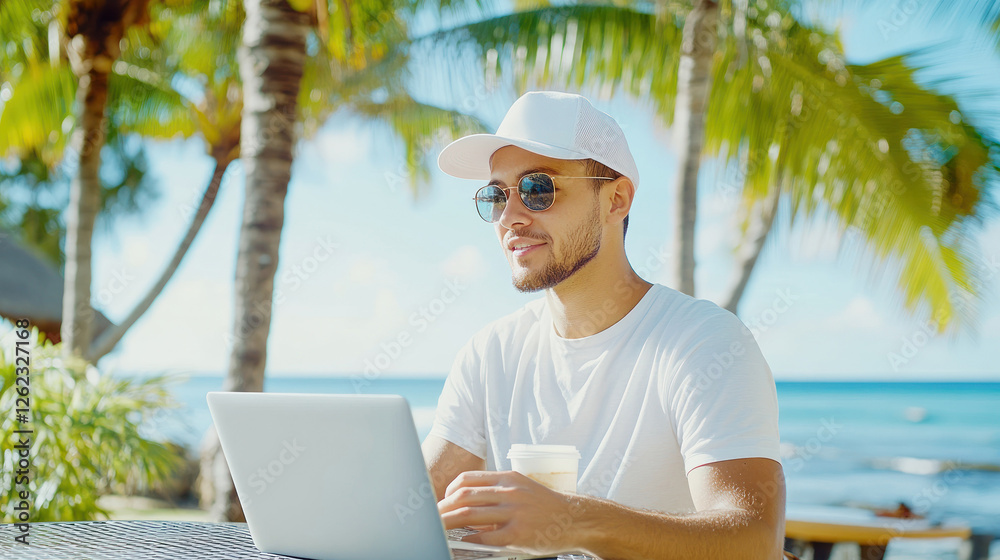 Young Man Working And Smiling With Cold Drink Young Man Working And Smiling With Cold Drink