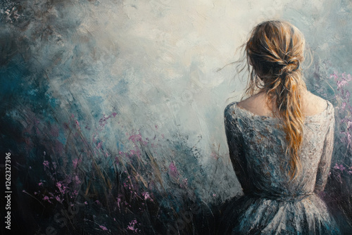 A contemplative young woman with blonde hair sits amidst a serene, abstract floral background, exuding a sense of tranquility and introspection.