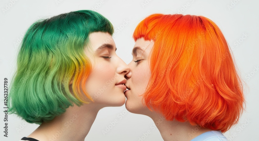 Young caucasian females with vibrant green and orange hair kissing intimately Young caucasian females with vibrant green and orange hair kissing intimately