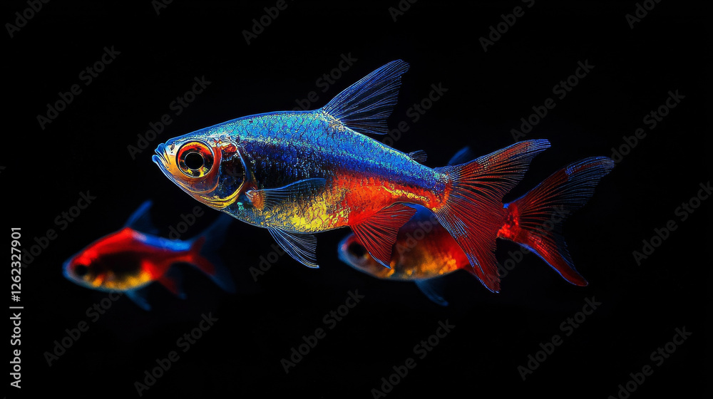 Cartoon aquarium neon tetra fish. Isolated vector small, vibrant, tropical freshwater fish with striking bright blue, orange and red coloration and iridescent body. Peaceful, schooling creature Cartoon aquarium neon tetra fish. Isolated vector small, vibrant, tropical freshwater fish with striking bright blue, orange and red coloration and iridescent body. Peaceful, schooling creature
