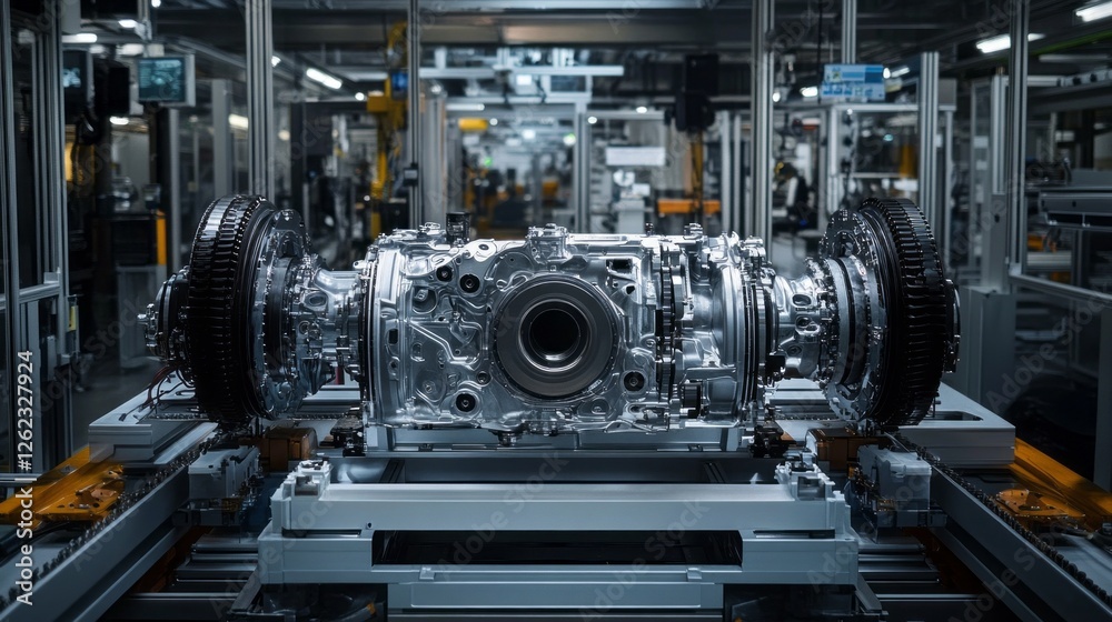 High-tech machines operate in a car manufacturing plant, efficiently assembling engine and transmission components for vehicles under bright lights High-tech machines operate in a car manufacturing plant, efficiently assembling engine and transmission components for vehicles under bright lights