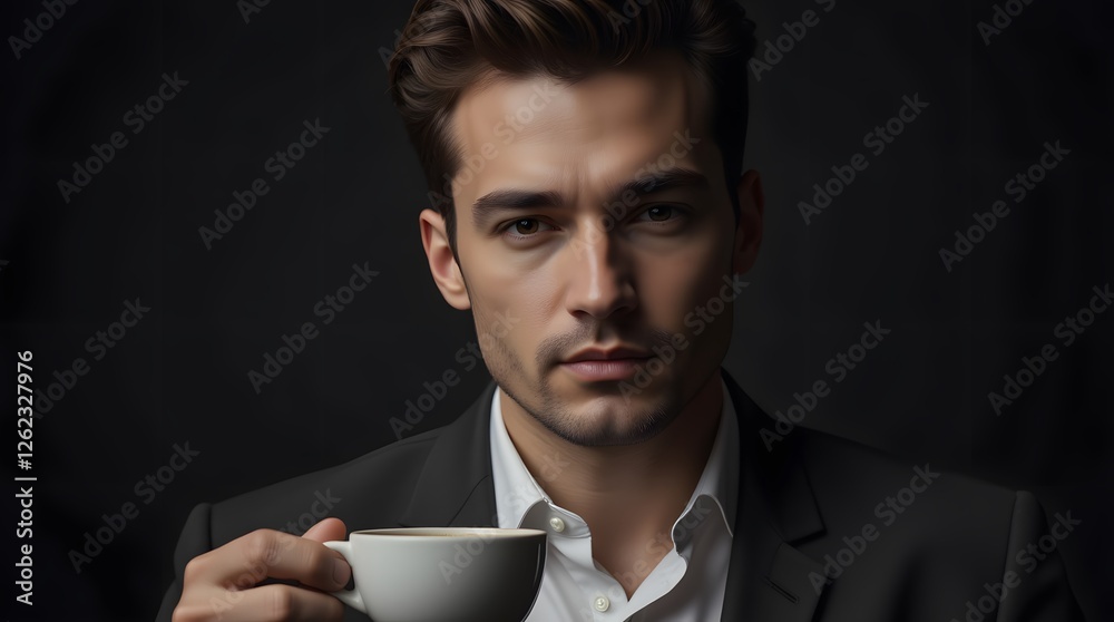 Intense gaze, serious man in suit holds coffee cup. Dark background enhances mood. Stylish portrait. Intense gaze, serious man in suit holds coffee cup. Dark background enhances mood. Stylish portrait.