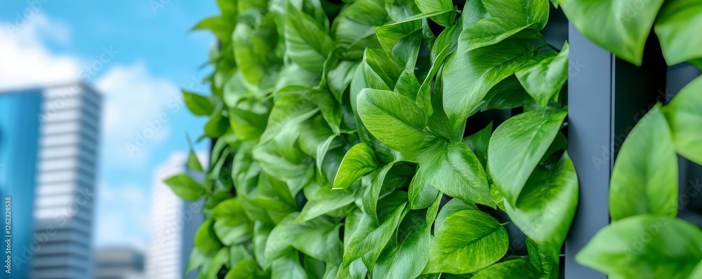 Obraz premium Lush Green Vertical Garden Against City Skyline