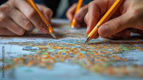 Friends planning a road trip using a detailed map and pens in a cozy indoor setting during the evening hours. Generative AI