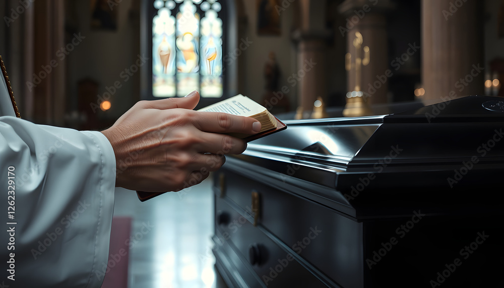 Naklejka premium Unrecognizable priests wrinkled hand holding holy book and touching black coffin in church, smooth light. with white shades