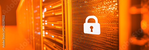 A cybersecurity concept image featuring a glowing padlock symbol displayed on a server rack wide banner - orange background photo