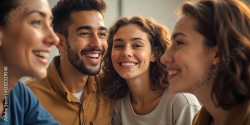 Radiant smiles, genuine connection; four friends share a moment of pure joy and laughter.  A heartwarming scene of friendship. photo