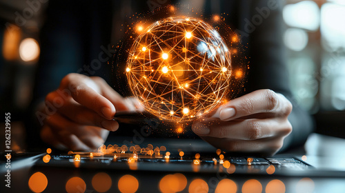 Global network connection represented by glowing sphere held above digital tablet in modern workspace setting. Generative AI