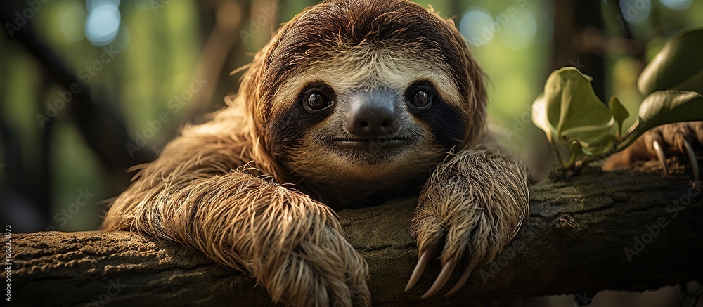 Fototapeta premium Cute Sloth Relaxing on a Branch Surrounded by Lush Greenery