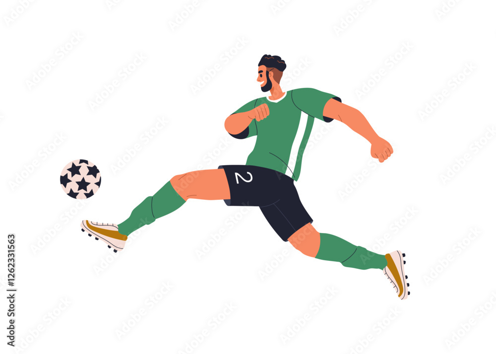 Naklejka premium Soccer player kicking ball with leg. Active happy athlete playing European football, running. Professional sportsman in movement, action. Flat vector illustration isolated on white background